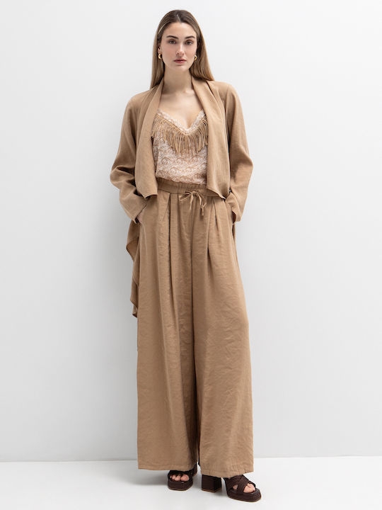 Women's High Rise Pantaloons with Rubber Band in Palazzo Fit Camel