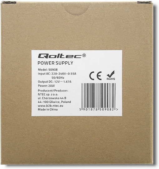 Qoltec Τροφοδοτικό Ράγας με Έξοδο 12V και Ισχύ 20W 1.67A