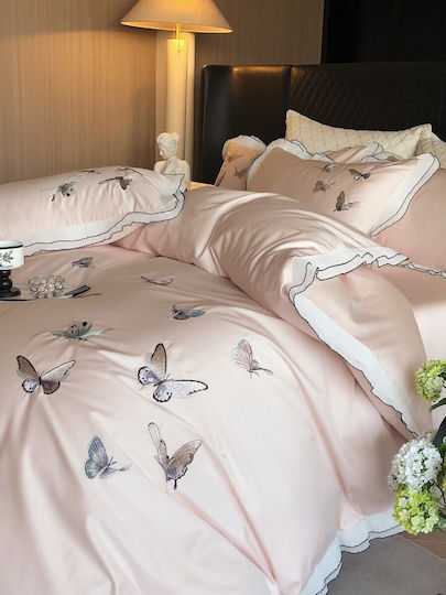Set Huse Pentru Pilote 100% Bumbac Superdublu 220x240cm 2 Fețe De Pernă & 1 Cearceaf Roz