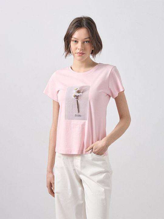 Women's Cotton Short Sleeve Floral Pink Blouse