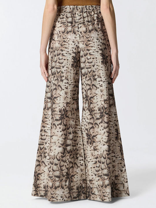 Women's High Rise Fabric Flared Trousers with Rubber Band Beige
