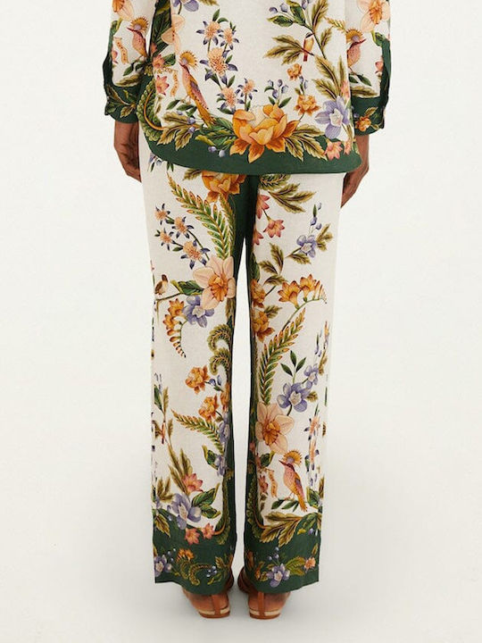 Women's Satin Trousers with Elastic Floral Green