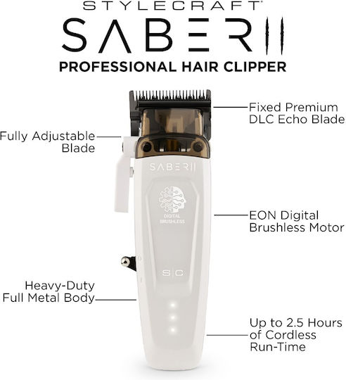 StyleCraft Professional Rechargeable Hair Clipper White HCSC619W