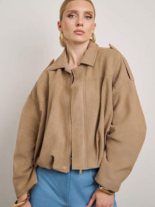 Μακρύ Γυναικείο Suede Bomber Jacket Μπεζ