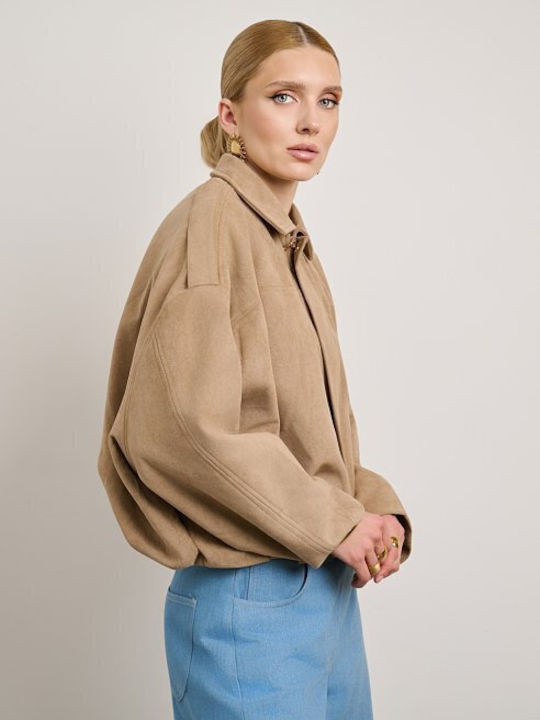 Μακρύ Γυναικείο Suede Bomber Jacket Μπεζ