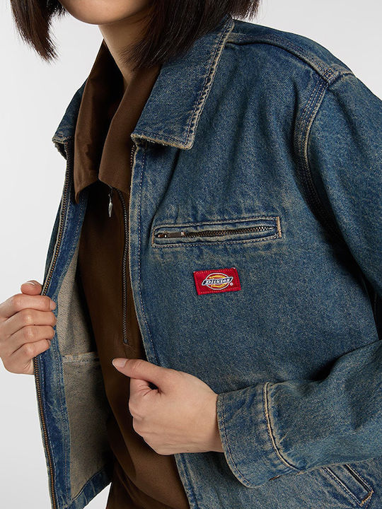 Long Women's Jean Jacket Khaki Tinted Blue