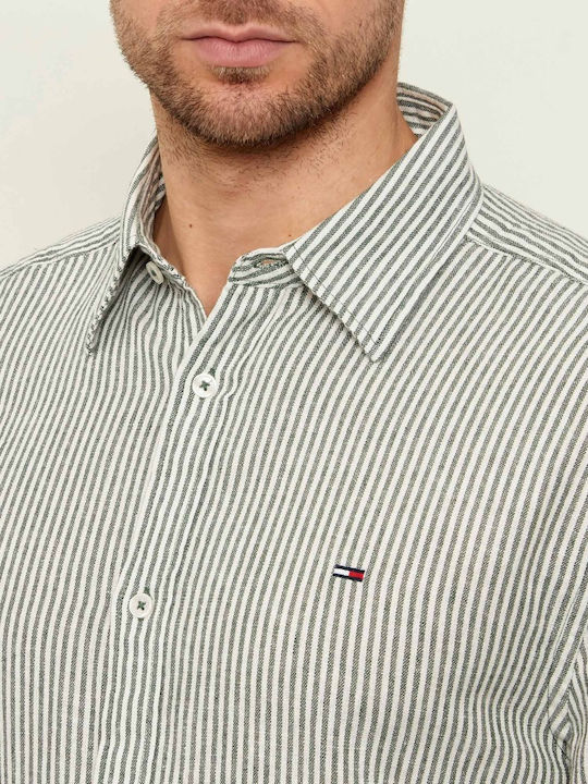 Long Sleeve Linen Shirt in Regular Fit Striped White/Khaki