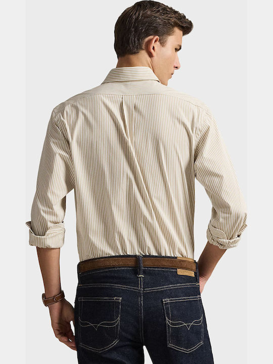 Shirt Long Sleeve Cotton Striped Beige
