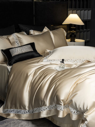 Bridal Set 4pcs Duvet Cover King Size 220×240 Silk Brocade 2 Pillowcases & 1 Sheet Gold Champagne