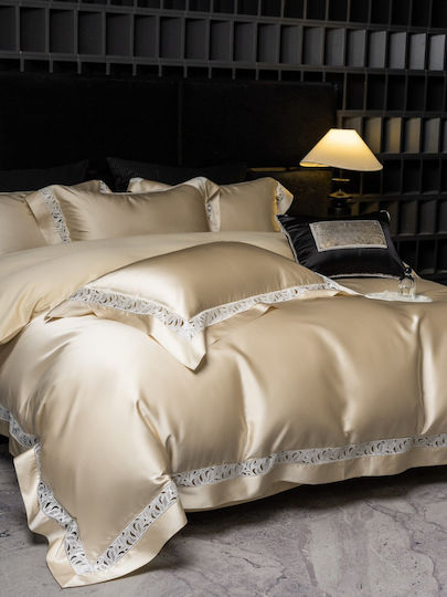 Bridal Set 4pcs Duvet Cover King Size 220×240 Silk Brocade 2 Pillowcases & 1 Sheet Gold Champagne