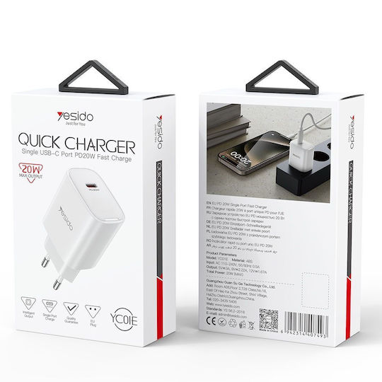 Yesido Wireless Charger with USB-C Port 20W Power Delivery White