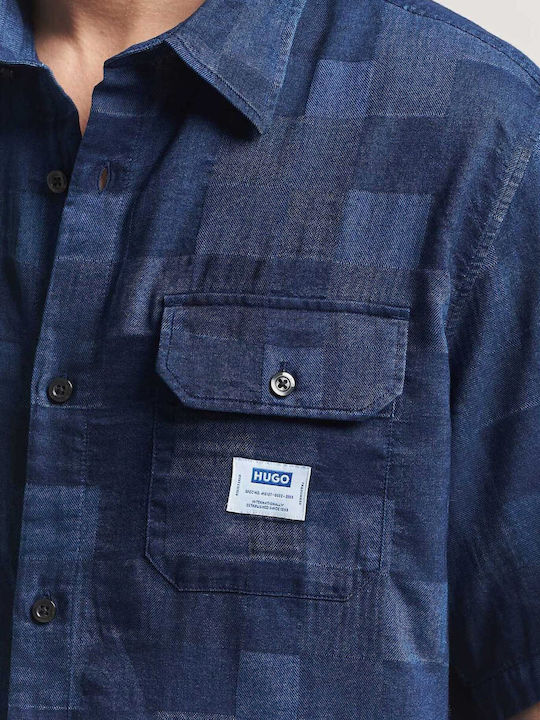 Short Sleeve Cotton Shirt in Oversized Checked Dark Blue Line