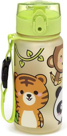 Puckator Adoramals Wild Pop Top Kids Water Bottle Plastic with Straw Green 350ml