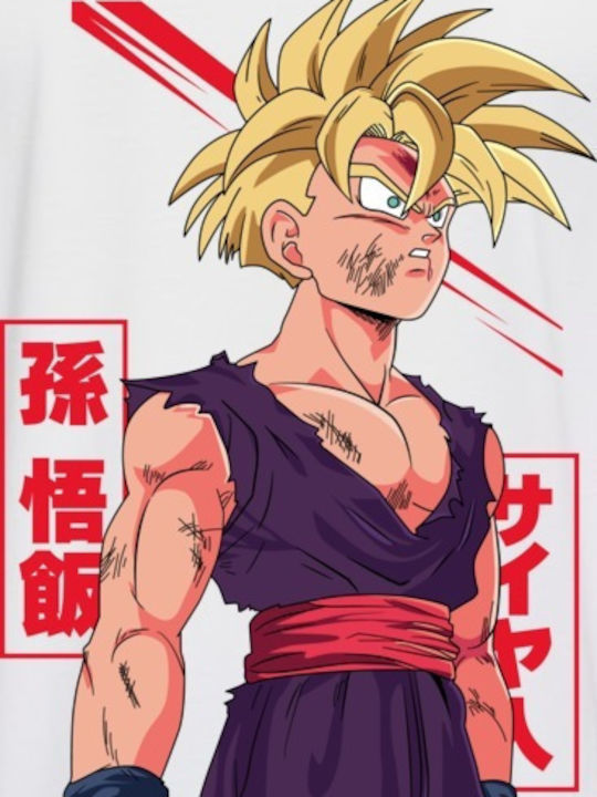 Оувърсайз Тениска Super Saiyan 2 Gohan Battle Damaged Pop Culture Бяла