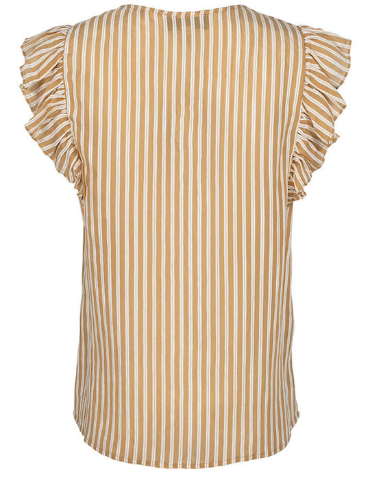 Women's Blouse with V Neckline Striped Beige