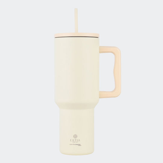 Estia Straw Tumbler XL Save the Aegean Recyclable Handled Tumbler Thermos Stainless Steel BPA Free 900ml Lily White with Straw and Handle