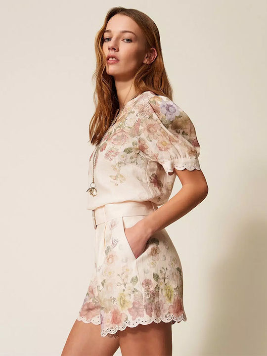 Γυναικείο Καλοκαιρινό Crop Top Λινό με V Λαιμόκοψη Floral Φλοράλ
