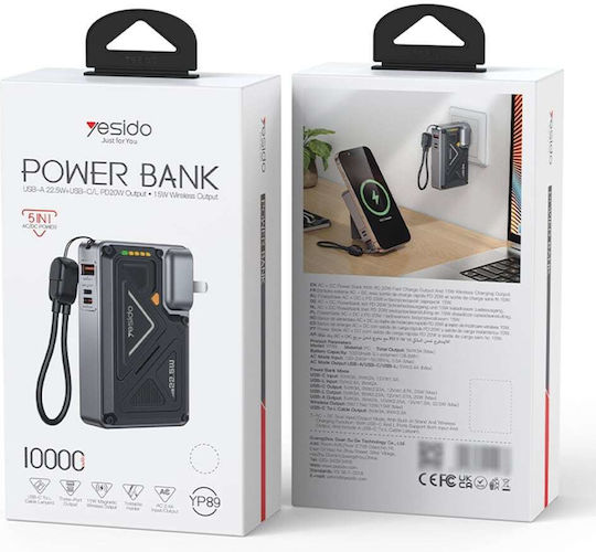Yesido YP89 MagSafe Power Bank 10000mAh 22.5W mit USB-A Ausgangsanschlüsse und USB-C Ausgangsanschlüsse Power Delivery / Schnellladung Grau