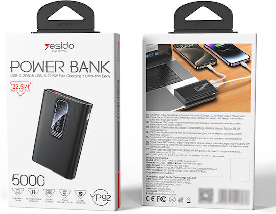 Yesido YP92 Power Bank 5000mAh 22.5W mit USB-A Ausgangsanschlüsse und USB-C Ausgangsanschlüsse Schwarz