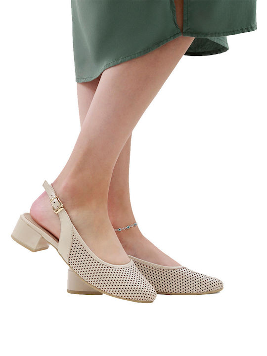 Leather Pointed Toe Heels with Low Heel Ecru