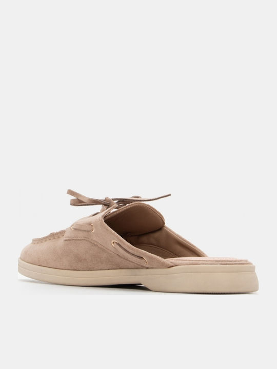 Flat Wildleder Damen Pantoletten in Beige Farbe
