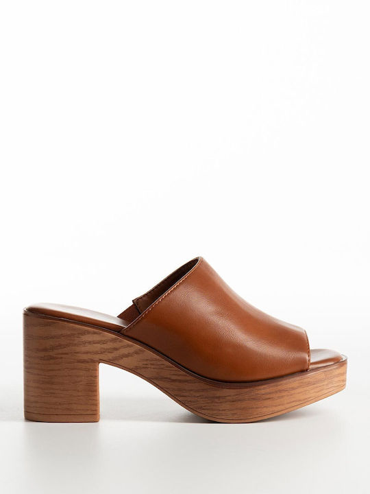 Pantofi Mules Dama Cu Toc Gros Înalt Maro K26-301-68368-KAMEL