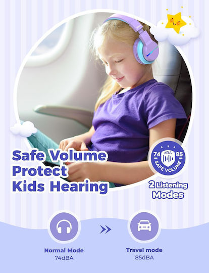 iClever BTH12 Căști Over Ear de Copii Wireless / cu Fir cu 85 de Ore Autonomie și Încărcare Rapidă Violet