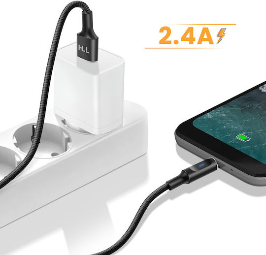 Avizar Usb-a To Micro-usb Cable Led Stable Charge 2.4a Braided Nylon 1.5m Black