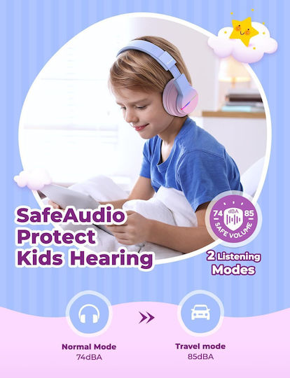 iClever BTH12 Căști Over Ear de Copii Wireless / cu Fir cu 85 de Ore Autonomie și Încărcare Rapidă Roz