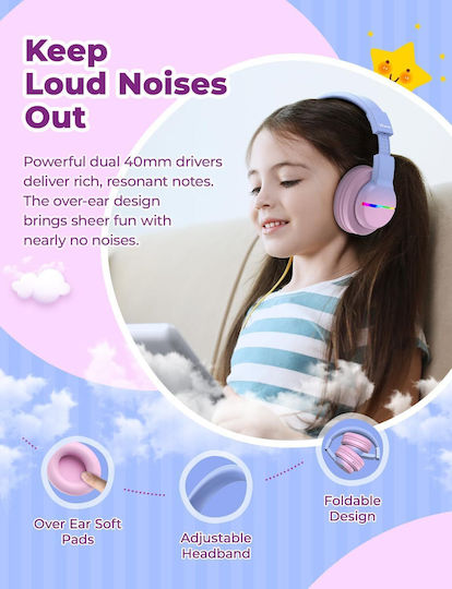 iClever BTH12 Căști Over Ear de Copii Wireless / cu Fir cu 85 de Ore Autonomie și Încărcare Rapidă Roz