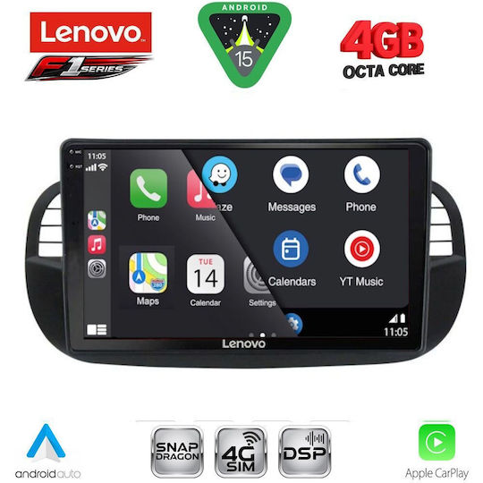 Lenovo Ηχοσύστημα Αυτοκινήτου για Fiat 500 2007-2015 (Bluetooth/USB/WiFi/GPS/Apple-Carplay/Android-Auto) με Οθόνη Αφής 9"