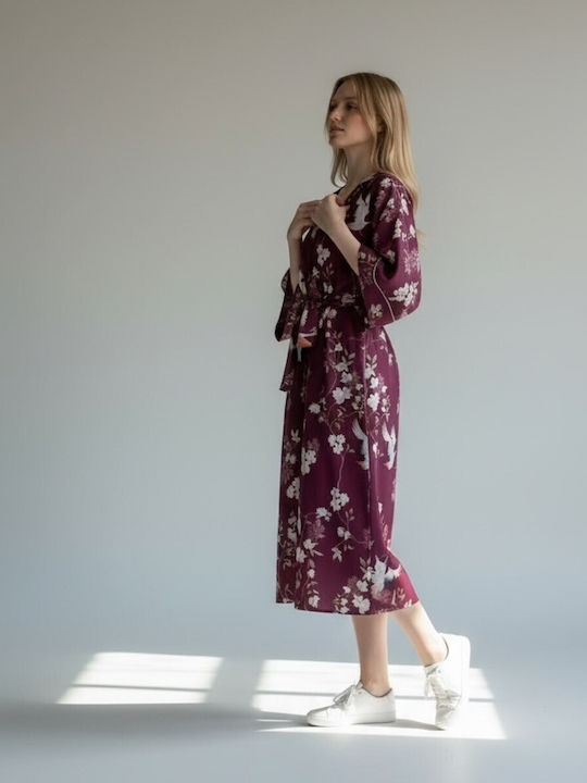 Midi Φόρεμα Σατέν με Σκίσιμο Floral