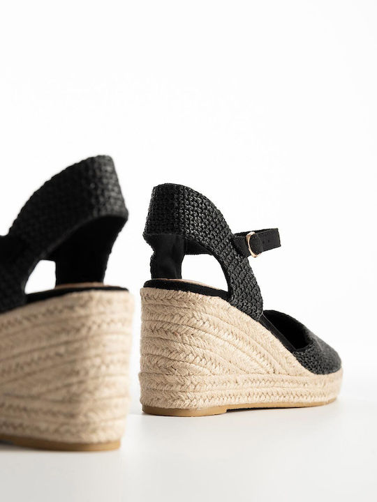 Damenplattformen Espadrilles Strohhäkelmuster Damen 2281 Schwarzes Synthetikleder