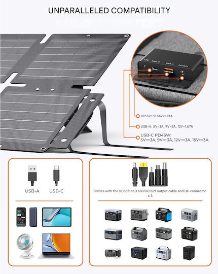 Panou Solar Pliabil 60W Etfe Qc3.0 + Pd45w + Ieșire Dc 22.2v Ip68 Rezistent la Apă Suport Reglabil Urgențe Camping Încărcător Solar pentru Smartphone-uri Tablete