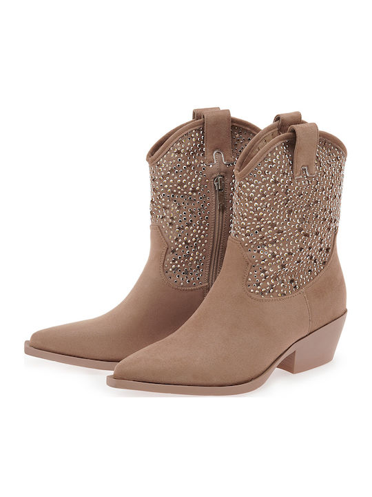 Suede Women's Ankle Boots Cowboy with Medium Heel Beige