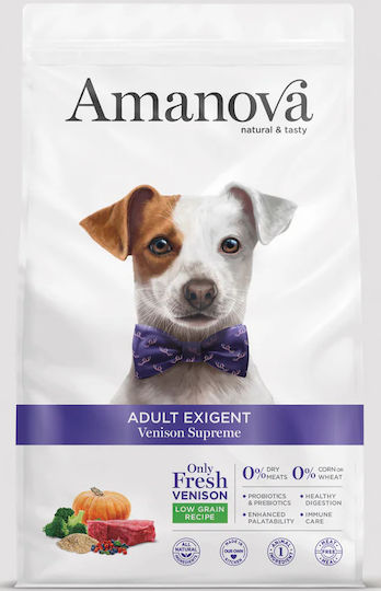 Amanova Exigent 10kg Trockenfutter mit wenig Getreide für erwachsene Hunde mit Hirsche, Brauner Reis, Apfel, Kürbis, Gemüse, Fleisch, Huhn, Kartoffeln, Reis und Pflaume