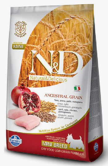 Farmina N&D Ancestral Grain Adult Mini 0.8kg Dry Food with Few Grains for Adult Small Breed Dogs with Chicken and Pomegranate