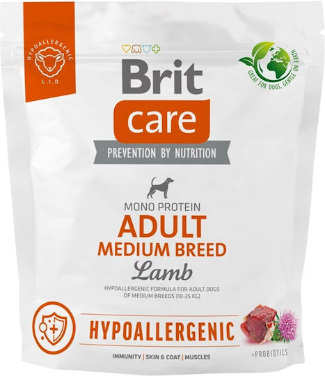 Brit Care Adult Medium Breed Hypoallergenic 1kg Ξηρά Τροφή χωρίς Γλουτένη για Ενήλικους Σκύλους Μεσαίων Φυλών με Αρνί