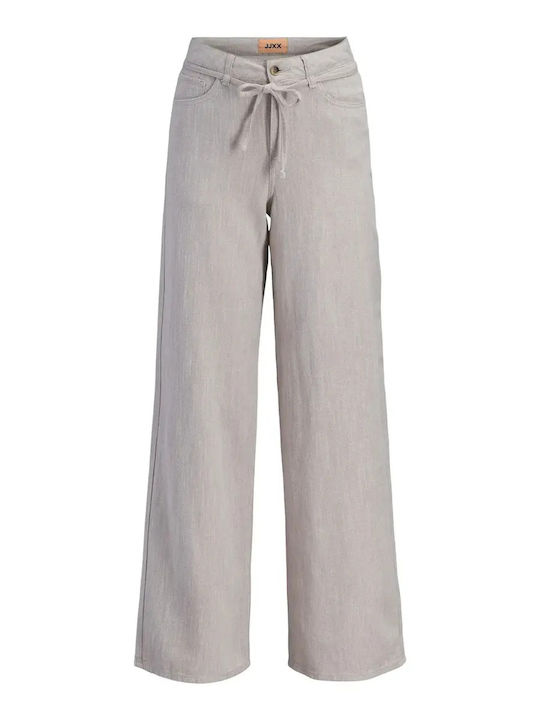 Zoe Women's High Rise Fabric Trousers in Wide Leg Style Light Grey