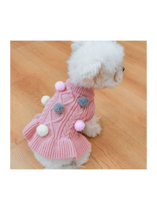 Dog Sweater Dress Pink Pom Pom Back Length 23 25 Cm