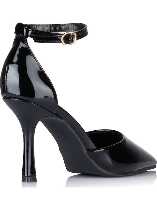 Spitze Zehe Pumps aus Lackleder mit Riemen Schwarz