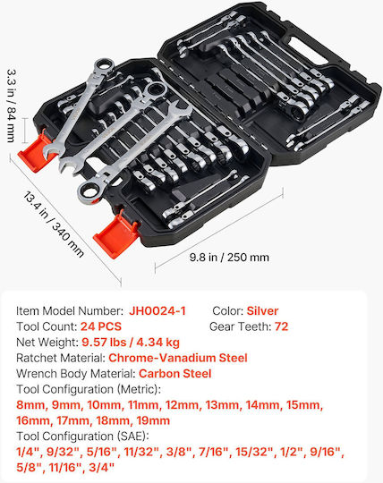 Vevor Set of Screwdrivers Flex Head Sockets 24 Pieces Sae & Metric 72 Teeth Cr-v Steel Storage Case Zxbstzyts24pxgdiw001v0