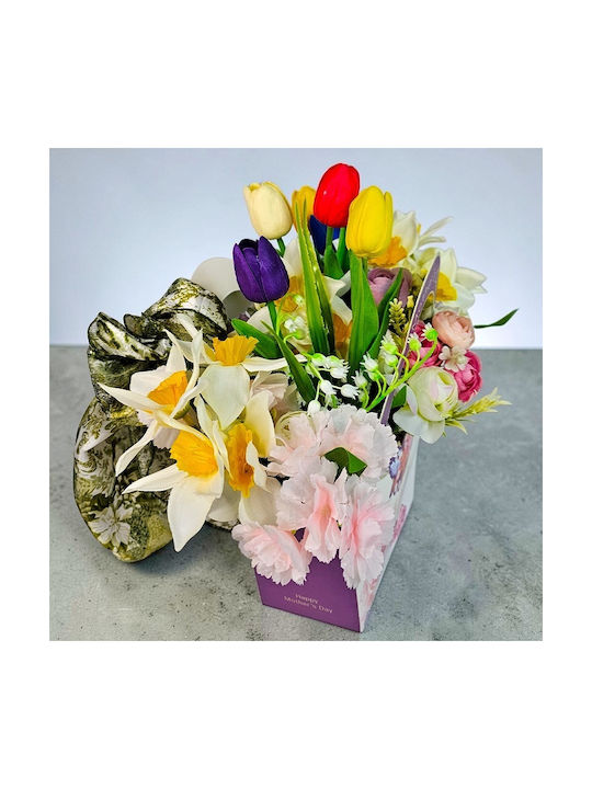 Aranjament Floral Ziua Mamei Lalele Narcise Artizanale Eșarfă Elegantă Brosă Fluture