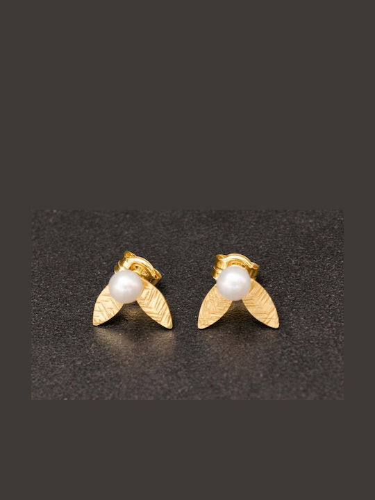 Stud Earrings Leaf Pearls Handmade Gold Plated Silver 925