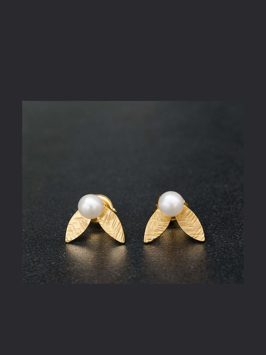 Stud Earrings Leaf Pearls Handmade Gold Plated Silver 925
