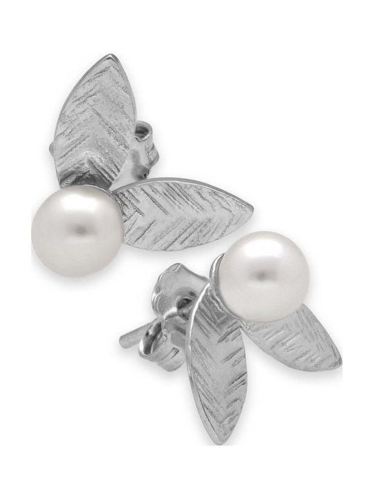 Stud Earrings Leaf Pearls Handmade Gold Plated Silver 925