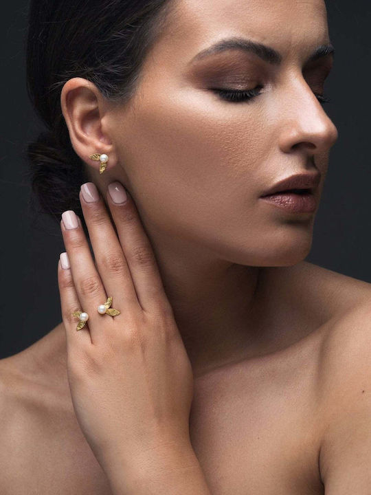 Stud Earrings Leaf Pearls Handmade Gold Plated Silver 925