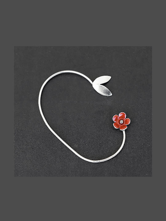 Ear Cuff Red Flower Left Ear Handmade Silver 925