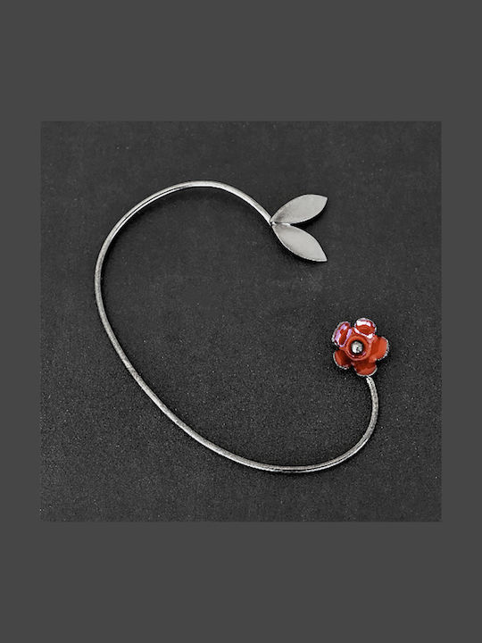 Ear Cuff Red Flower Left Ear Handmade Silver 925