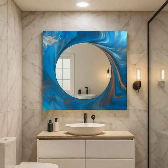 Square Wall Mirror Ocean Circle In Blue Shade 80x80cm